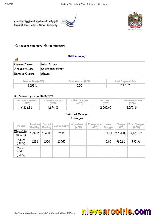 UAE Dubai Federal Electricity & Water Authority electricity, water utility bill